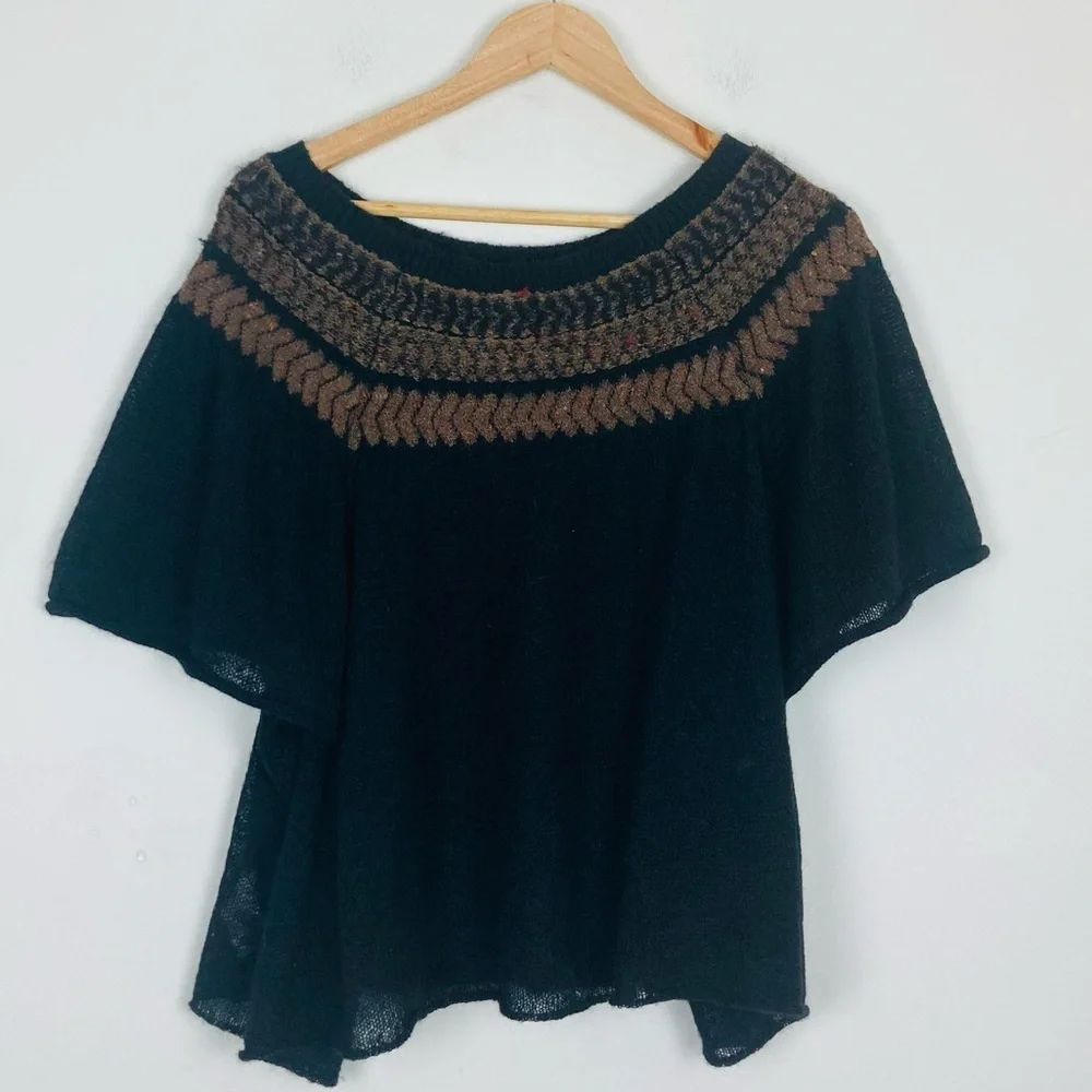 Free People black & brown wool mohair linen blend short sleeve swing sweater. S